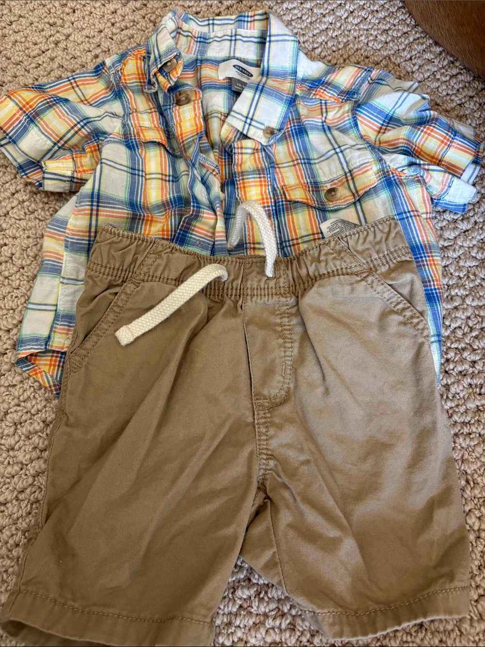 Old Navy Plaid Button-Up Shirt and Tan Drawstring Shorts Set 12-18 Months